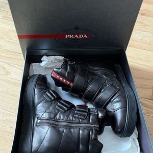 Prada Sport Black Vitello Triple Strap Wedge Boot
